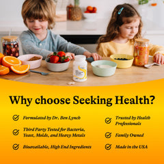 Seeking Health sello "sin" principales alérgenos resaltando seguridad y pureza