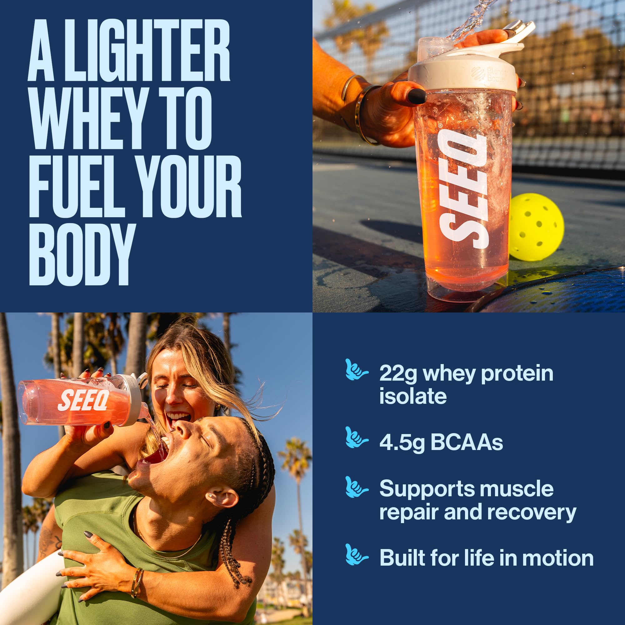 SEEQ primer plano del polvo clear whey con aspecto fino y solubilidad