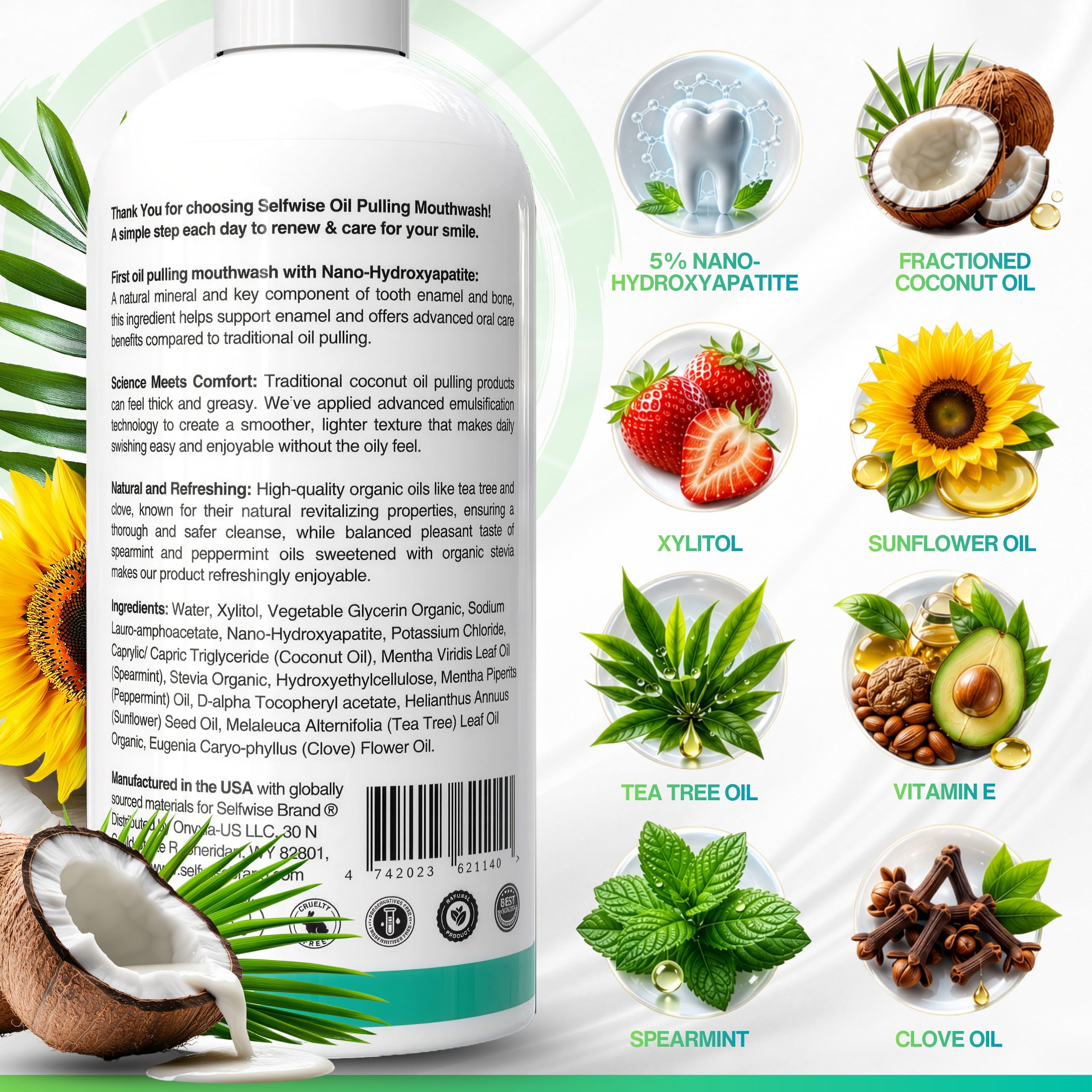 SELFWISE etiqueta con ingredientes orgánicos destacando nano-hidroxiapatita y menta