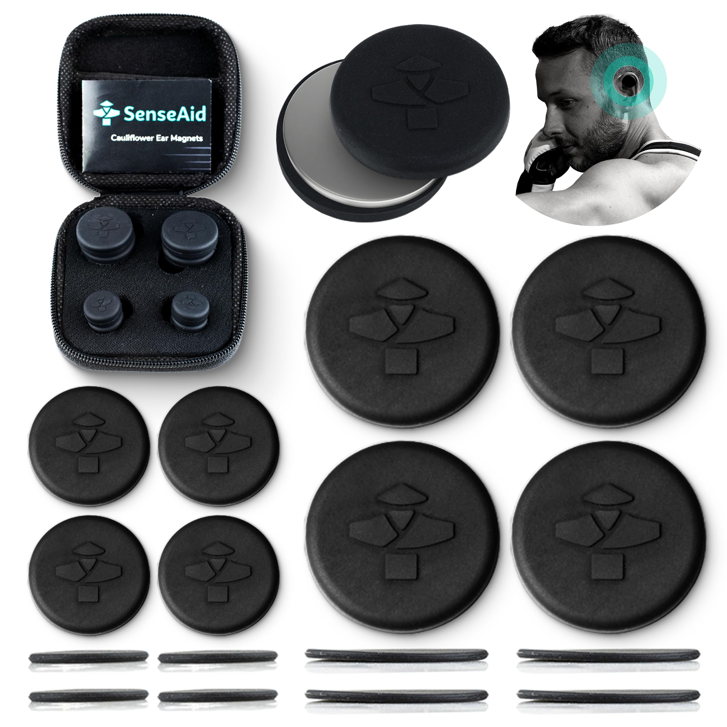 SenseAid vista frontal del kit mostrando imanes y discos, ideal para control de hinchazón