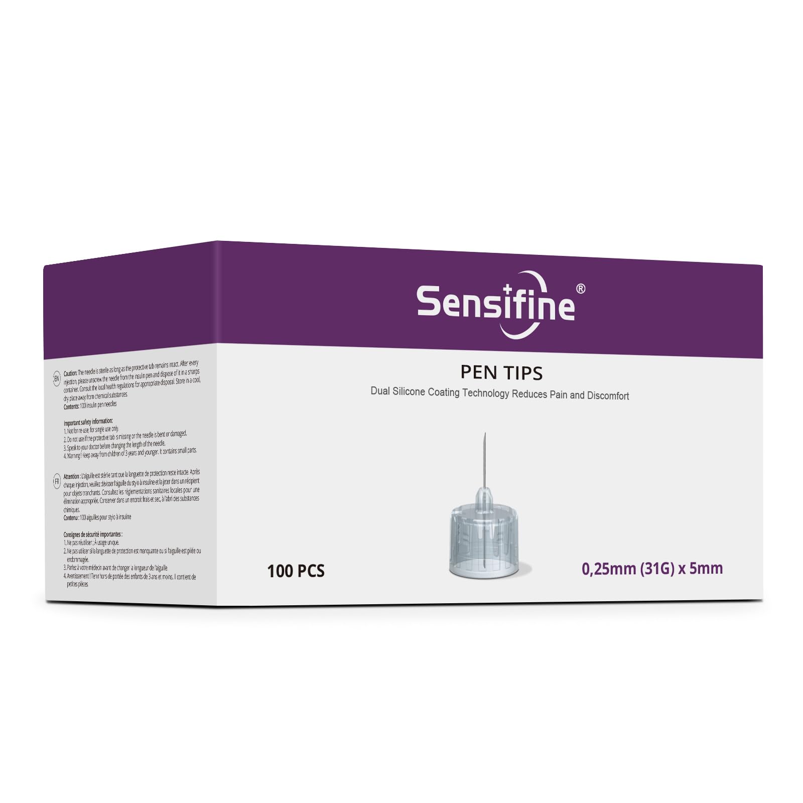 Sensifine empaque frontal mostrando caja de 100 puntas y beneficios