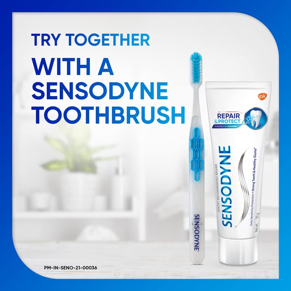 Sensodyne en baño moderno, mostrando uso diario y sensación de limpieza fresca
