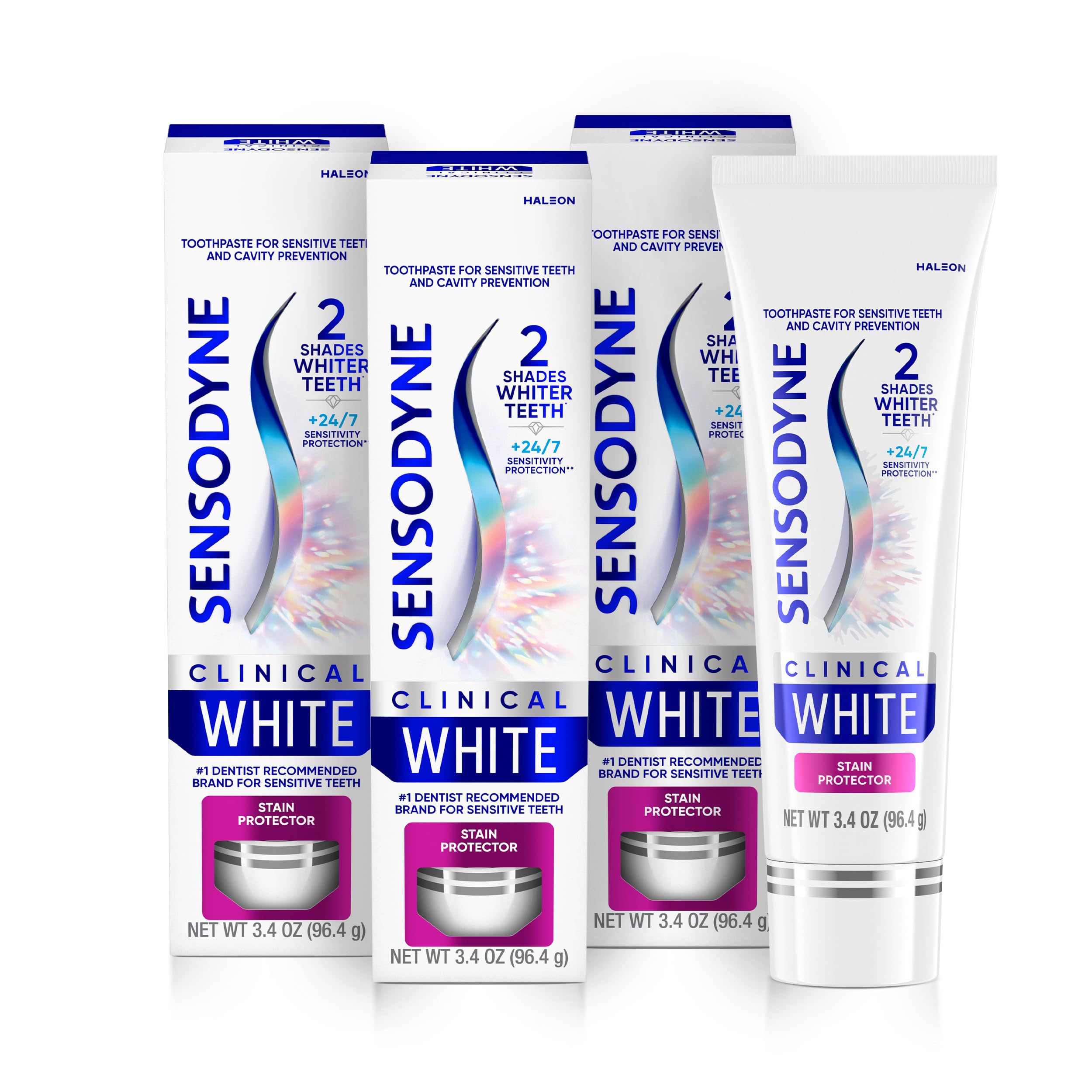 Sensodyne Clinical White frente del empaque mostrando el producto y beneficios