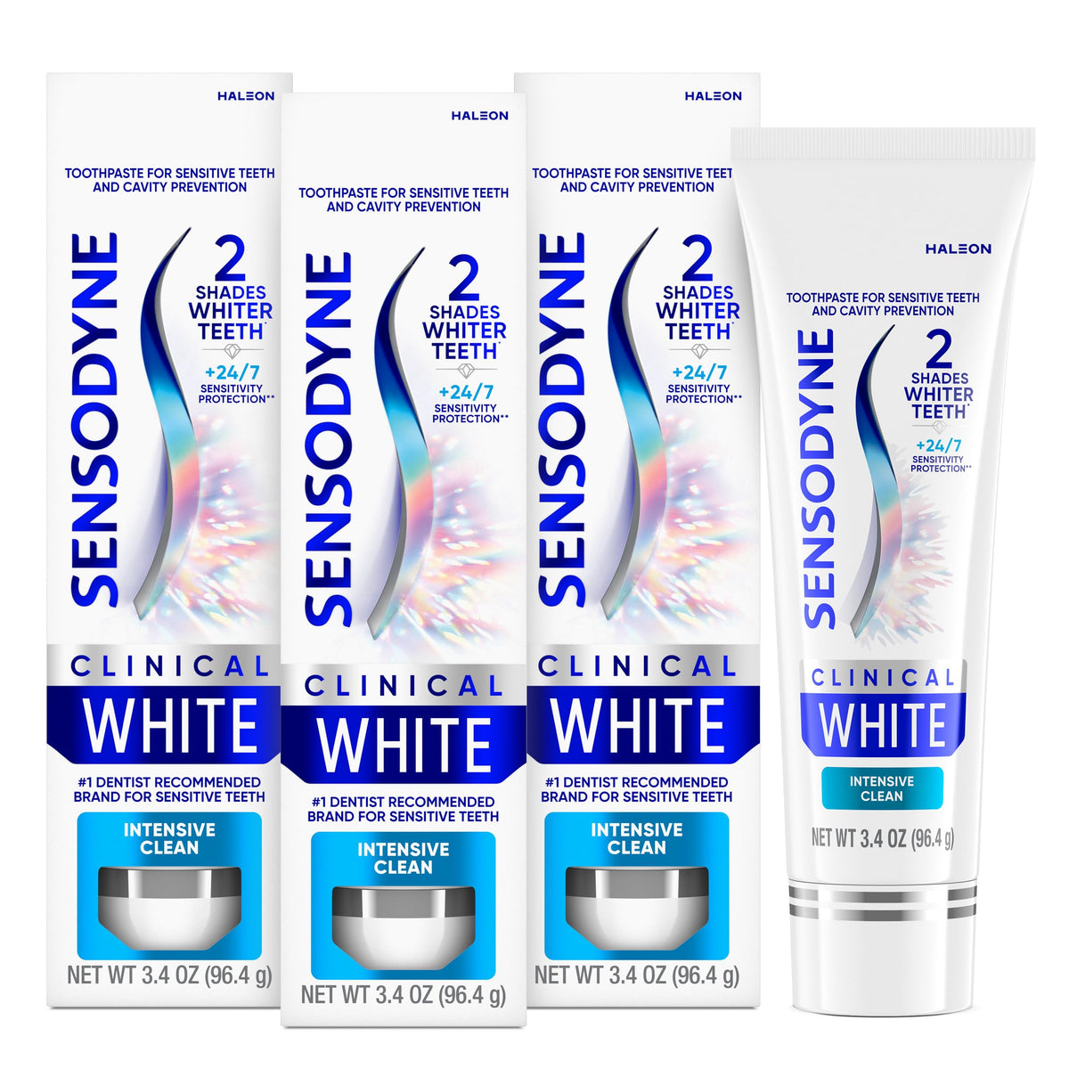 Sensodyne Clinical White empaque frontal mostrando beneficios y presentacion