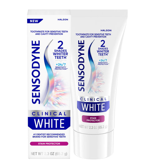 Sensodyne Clinical White frente del empaque mostrando tubos y beneficios visibles