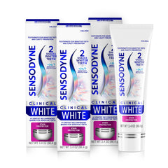 Sensodyne Clinical White frente del empaque mostrando el producto y beneficios
