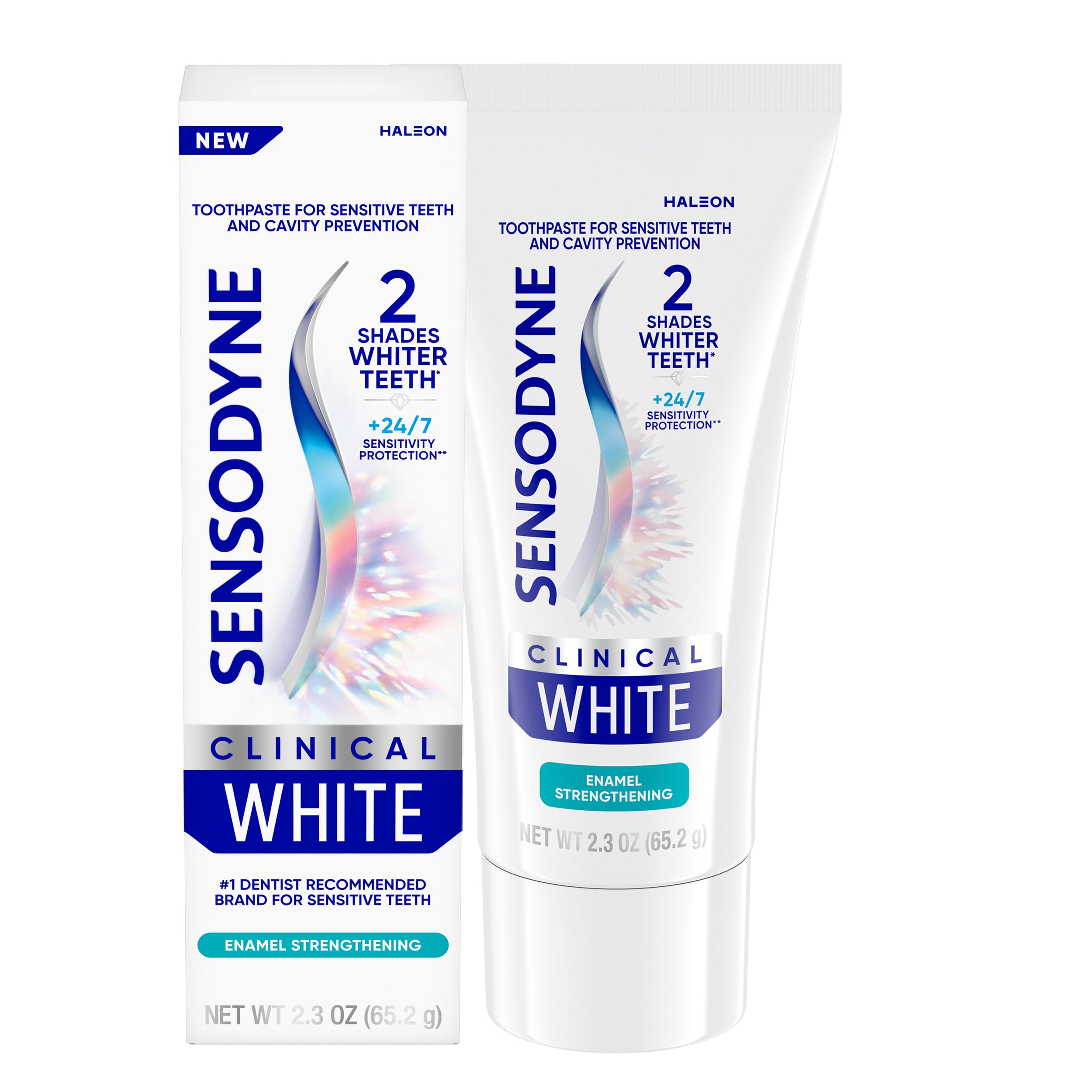 Sensodyne Clinical White frente del tubo mostrando marca y beneficios