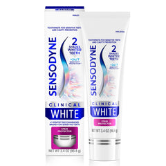 Sensodyne Clinical White frontal mostrando tubo y beneficios visibles