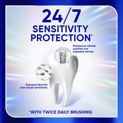 Etiqueta de Sensodyne Clinical White mostrando ingredientes y flúor