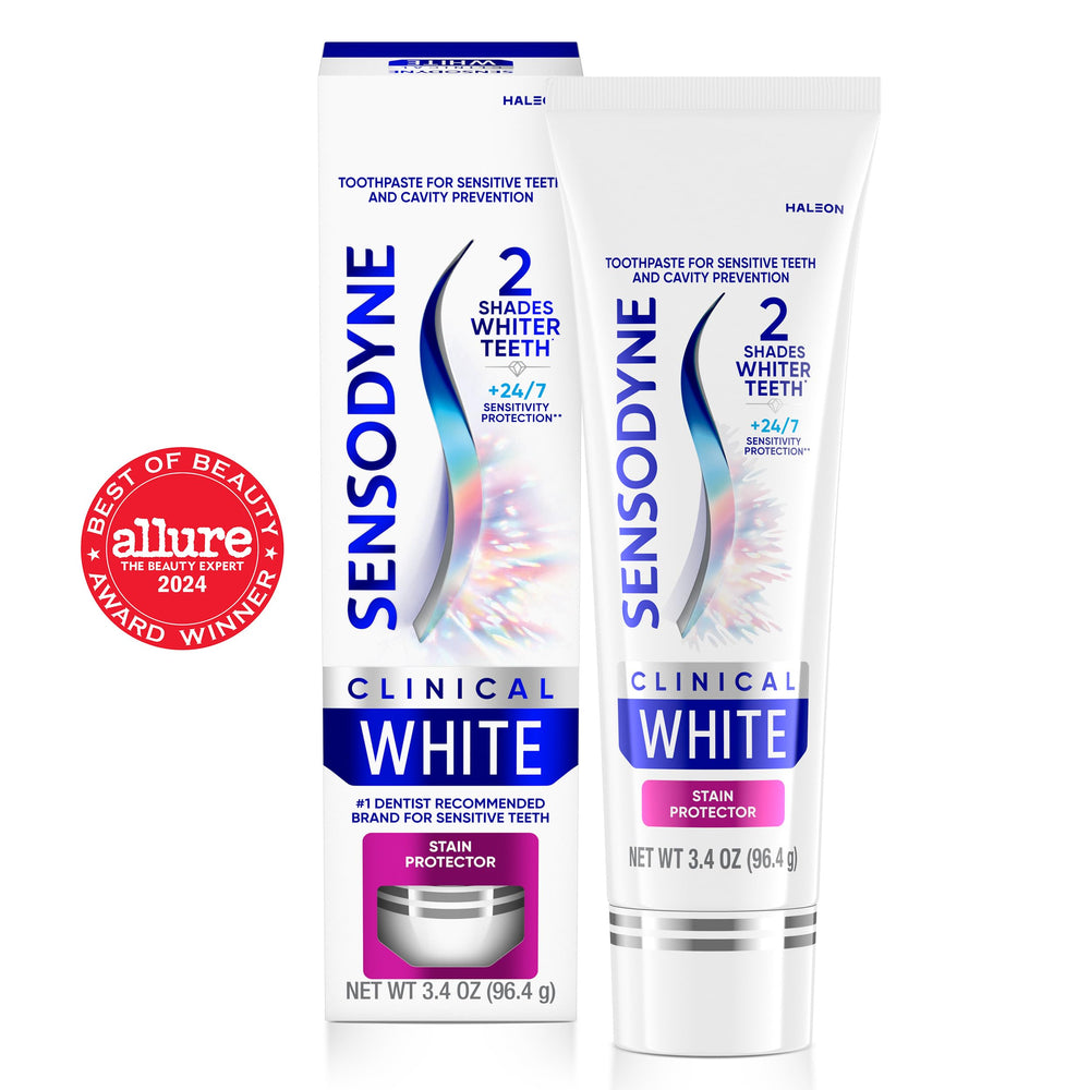 Detalle del tubo Sensodyne Clinical White con lectura clara de etiqueta