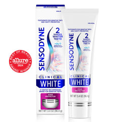 Detalle del tubo Sensodyne Clinical White con lectura clara de etiqueta