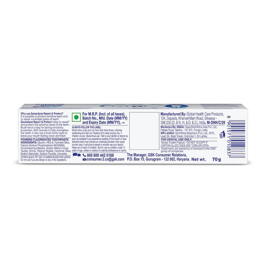 Sensodyne textura de la pasta en primer plano, ilustrando la formulación reparadora