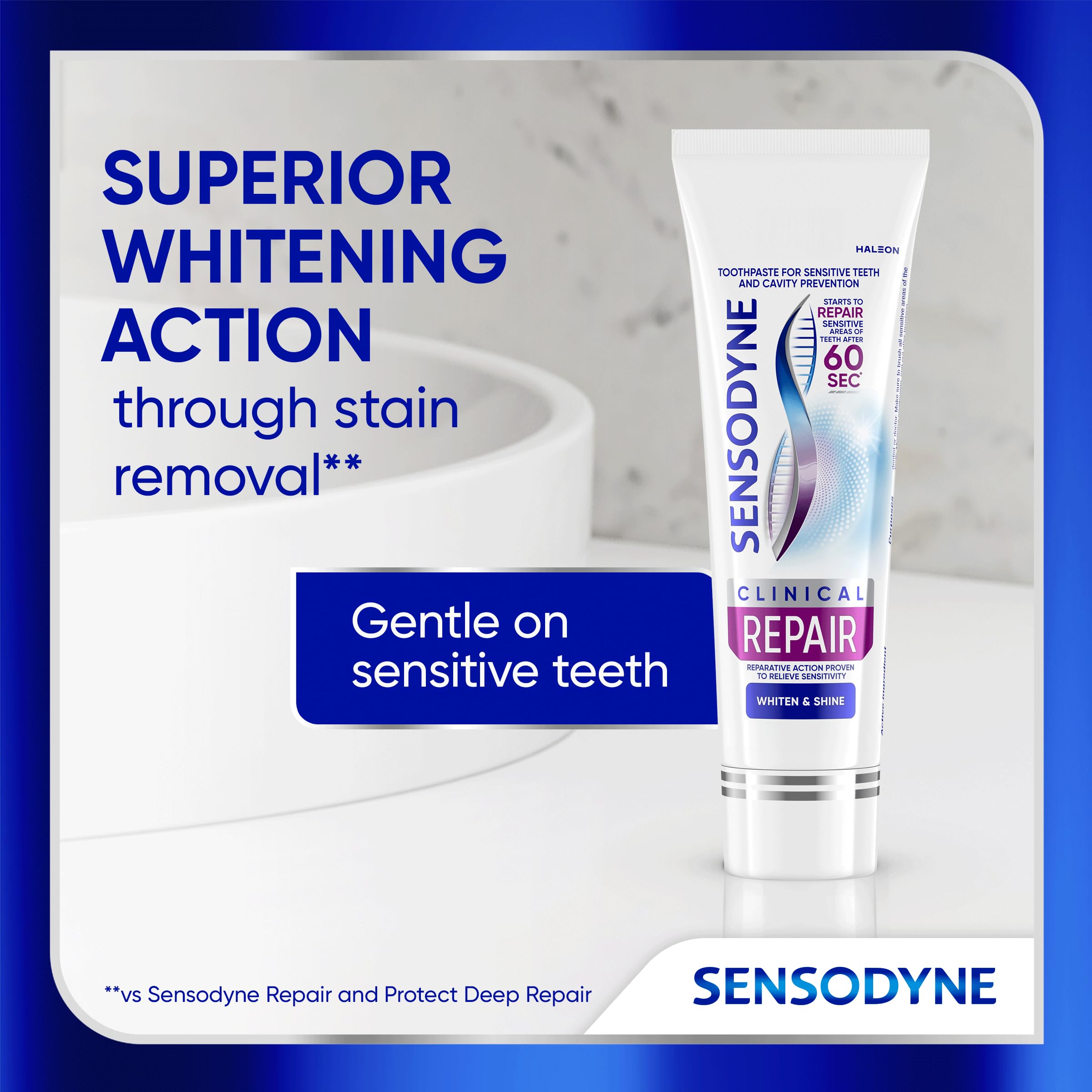 Sensodyne etiqueta con ingredientes y beneficios reparadores visibles