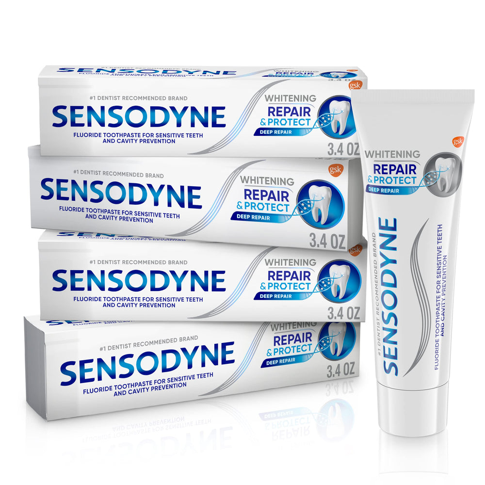 Sensodyne frente del empaque pack de 4 mostrando ahorro y protección
