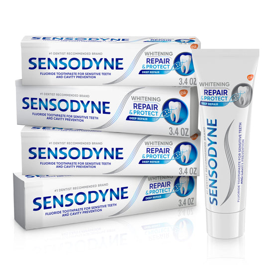 Sensodyne frente del empaque pack de 4 mostrando ahorro y protección