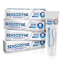 Sensodyne frente del empaque pack de 4 mostrando ahorro y protección