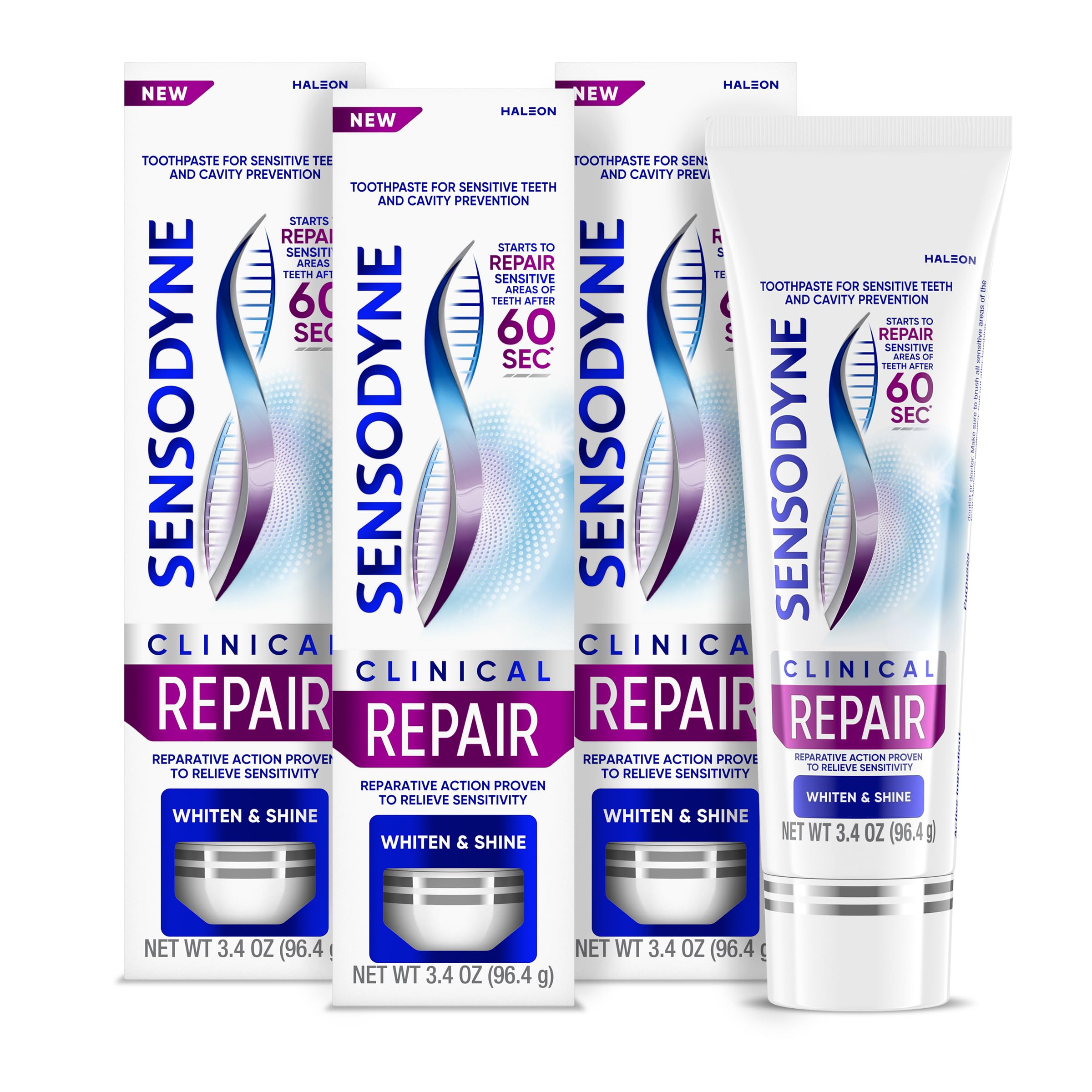 Sensodyne frente del empaque mostrando los tres tubos y beneficios