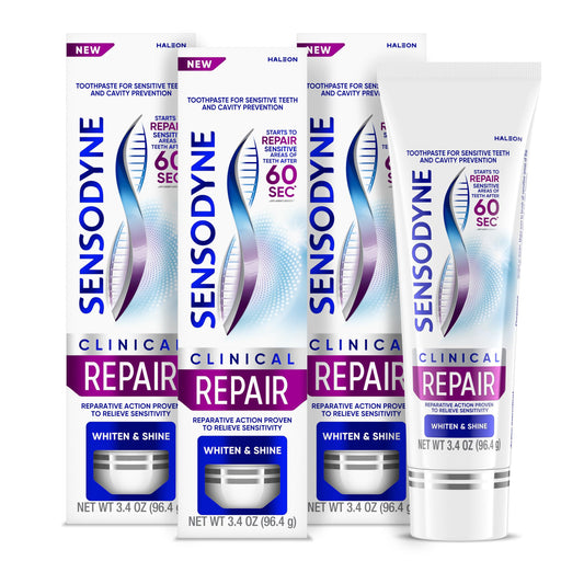 Sensodyne frente del empaque mostrando los tres tubos y beneficios