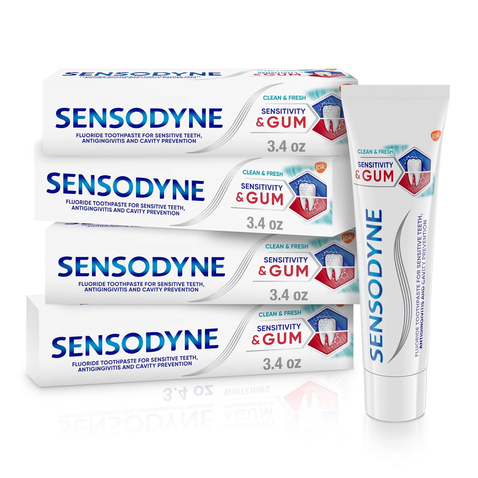 Sensodyne empaque frontal mostrando pack de 4 y beneficios para sensibilidad