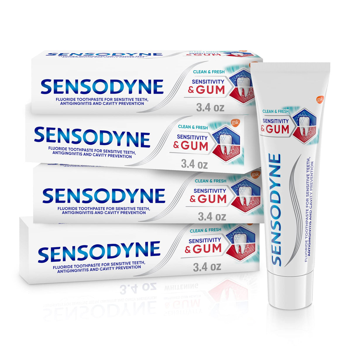 Sensodyne empaque frontal mostrando pack de 4 y beneficios para sensibilidad