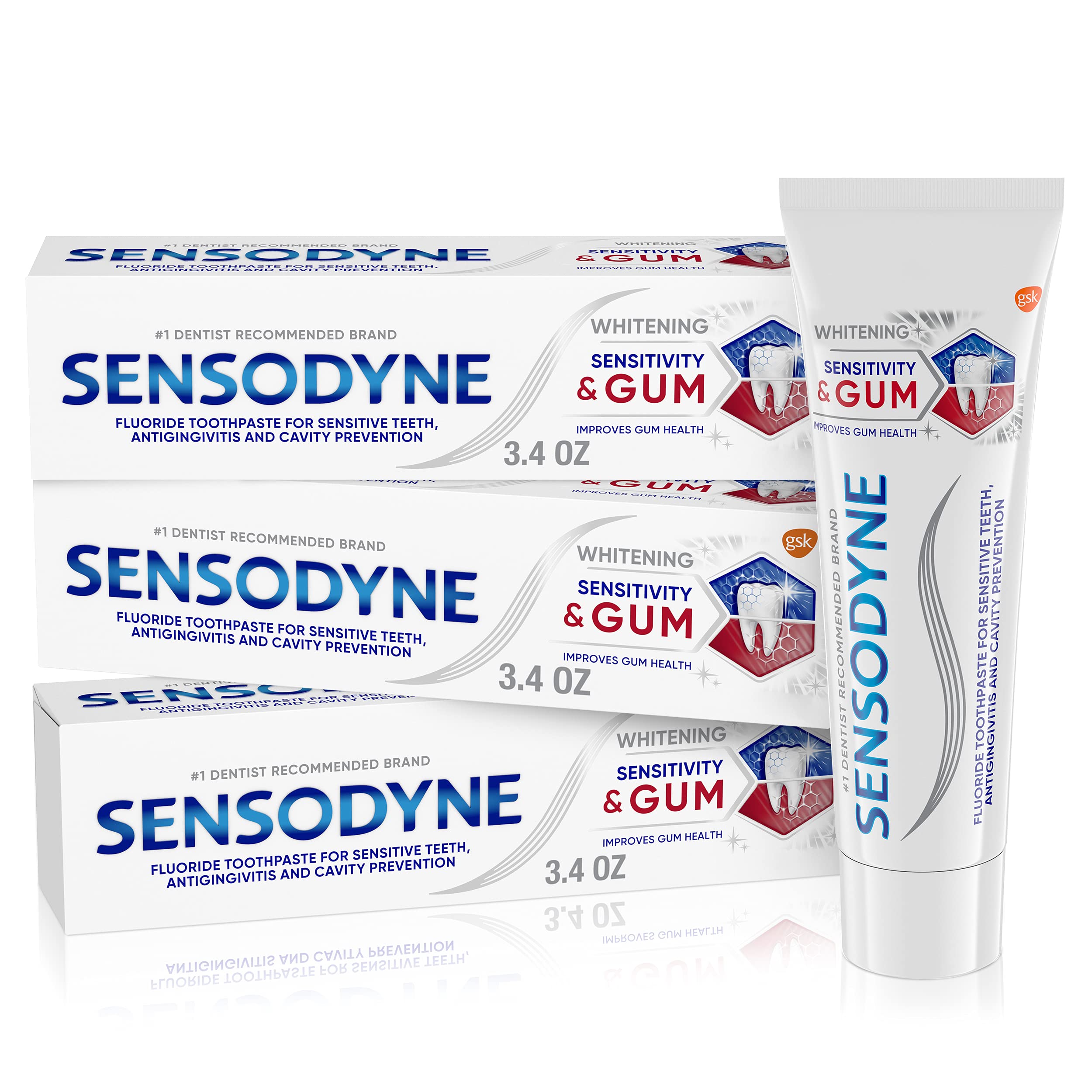 Sensodyne paquete de 3 tubos frontal mostrando conveniencia
