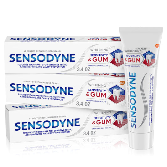 Sensodyne paquete de 3 tubos frontal mostrando conveniencia