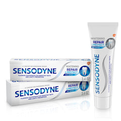 Sensodyne frontal del paquete mostrando protección y blanqueo