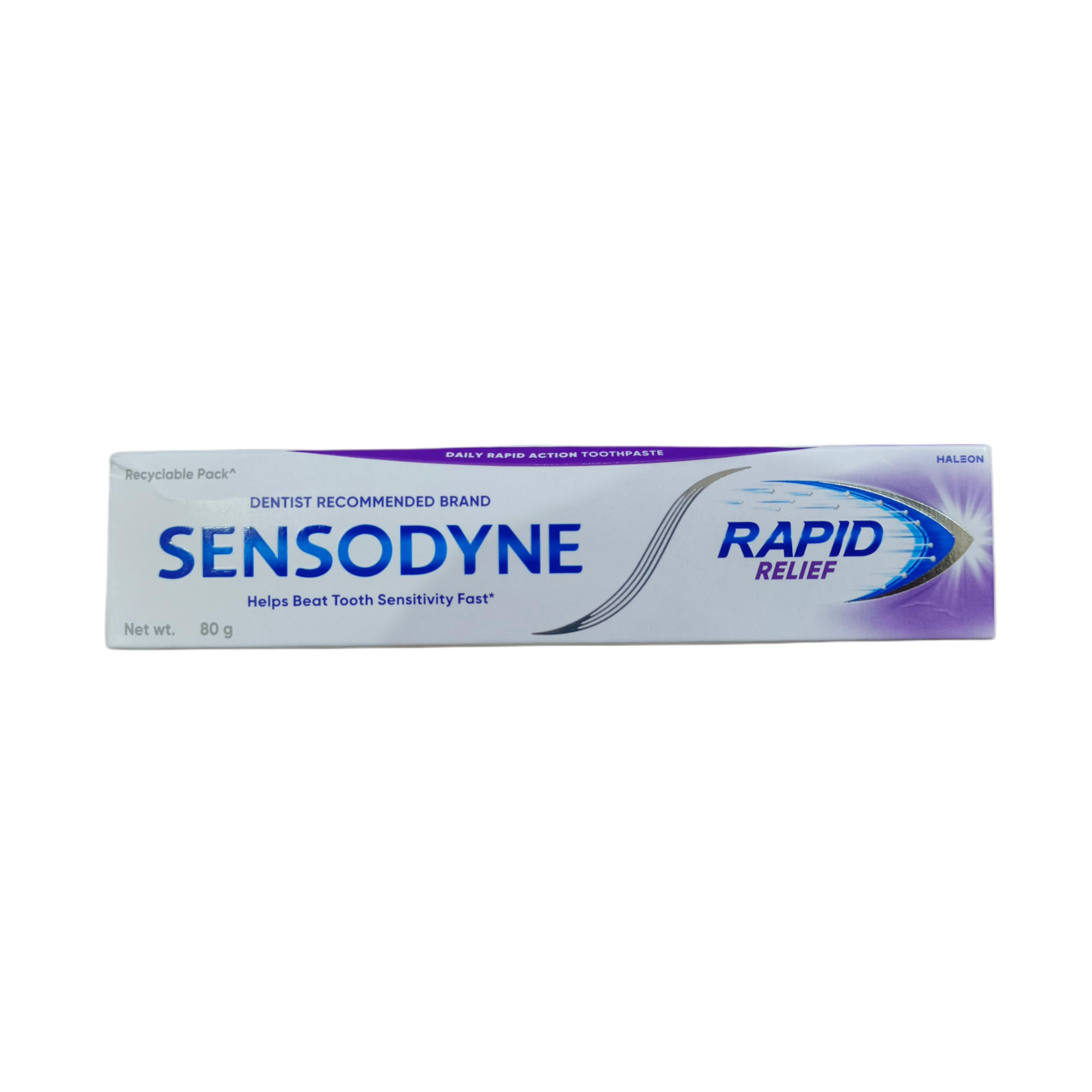 Sensodyne tubo frontal mostrando diseño y beneficio alivio rápido
