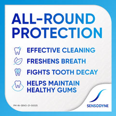 Sensodyne etiqueta con ingredientes visibles y beneficios para la sensibilidad
