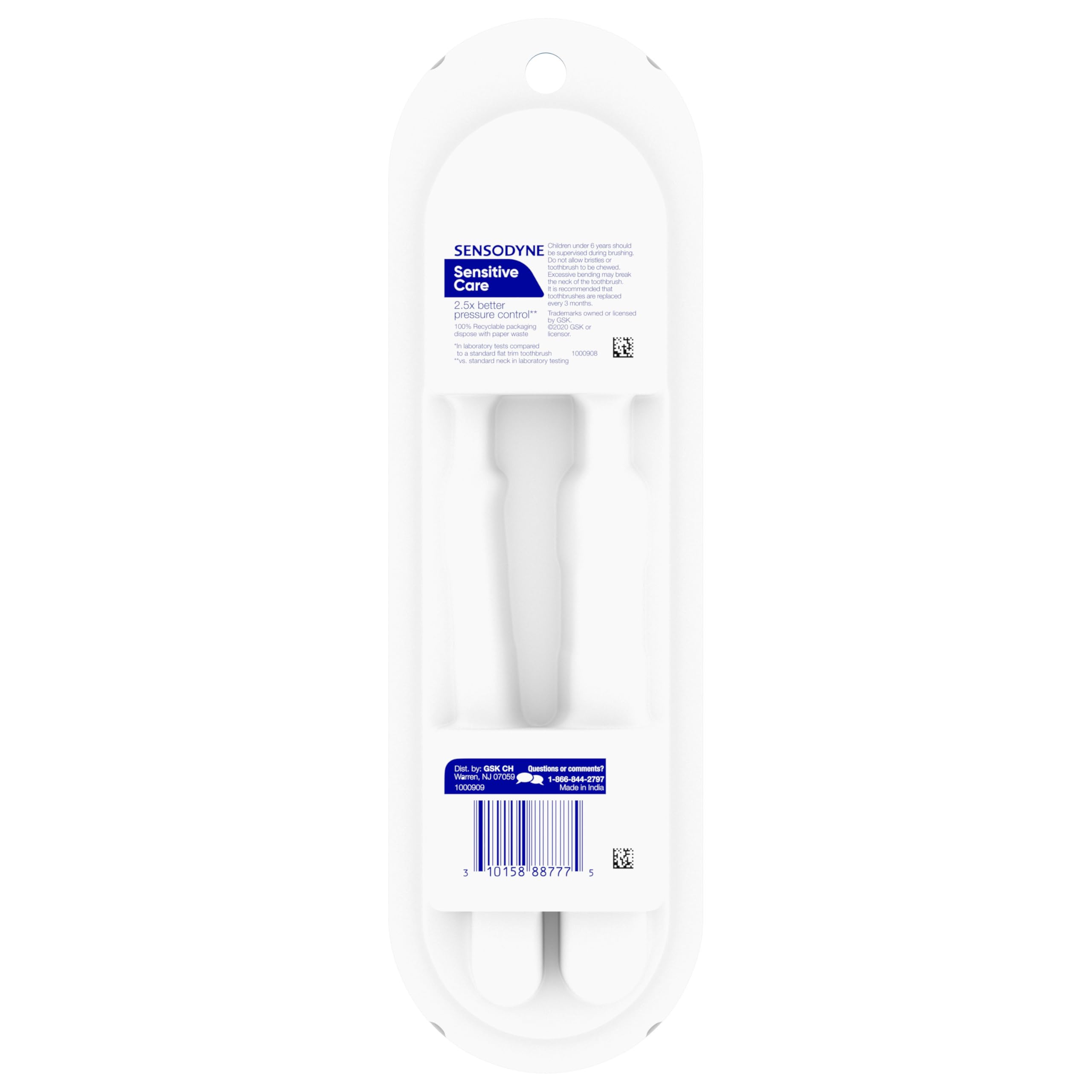 Sensodyne pack abierto mostrando los dos cepillos listos para usar