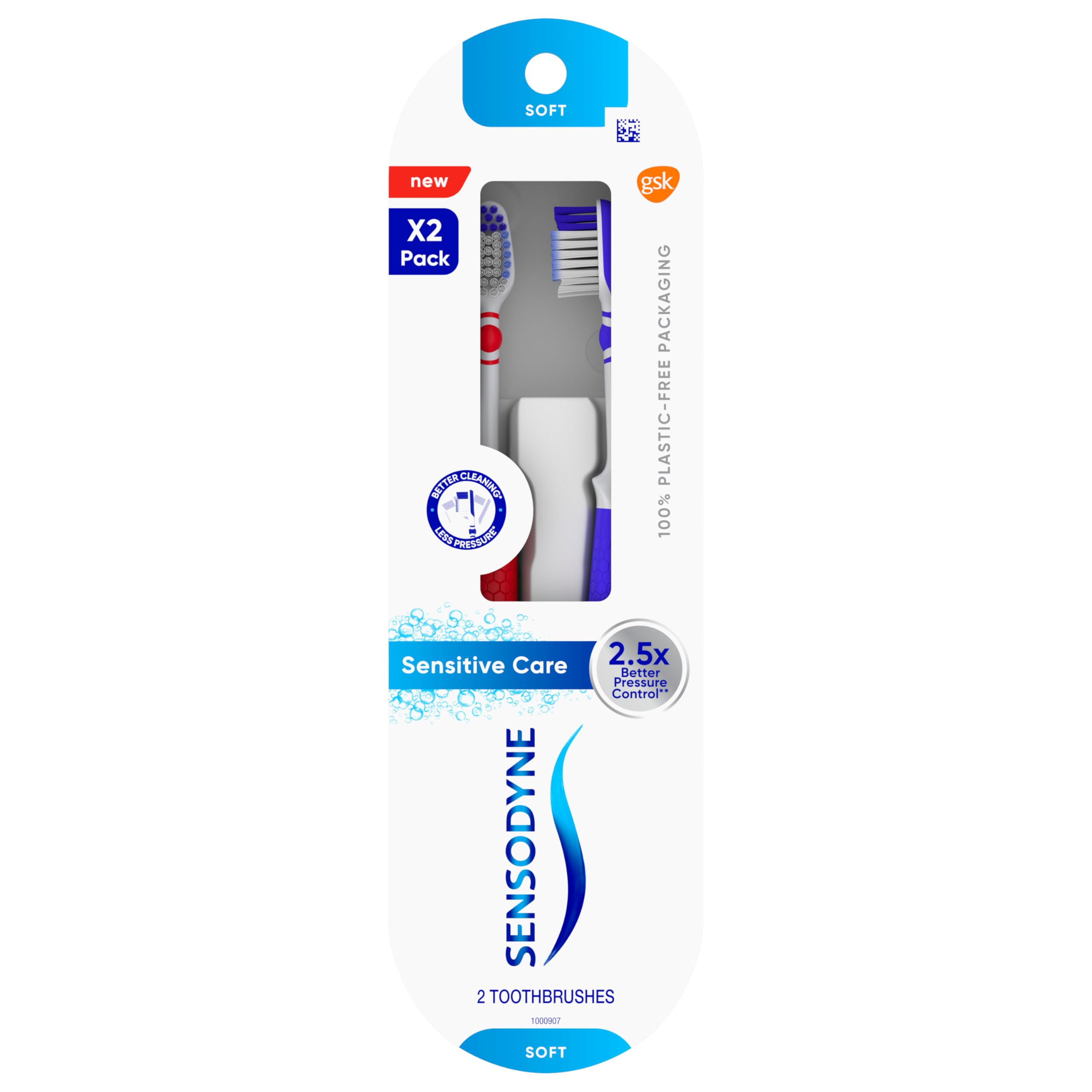 Sensodyne packaging frontal mostrando pack de dos y beneficio reciclable