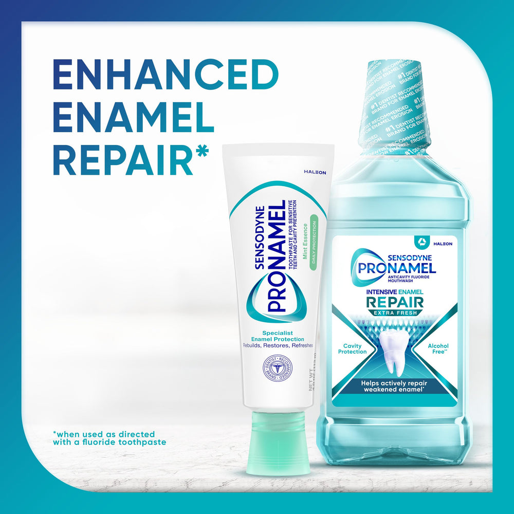 Sensodyne Pronamel en baño estilo de vida que sugiere rutina diaria fácil