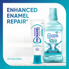Etiqueta Sensodyne Pronamel con ingredientes y flúor, transparencia informativa