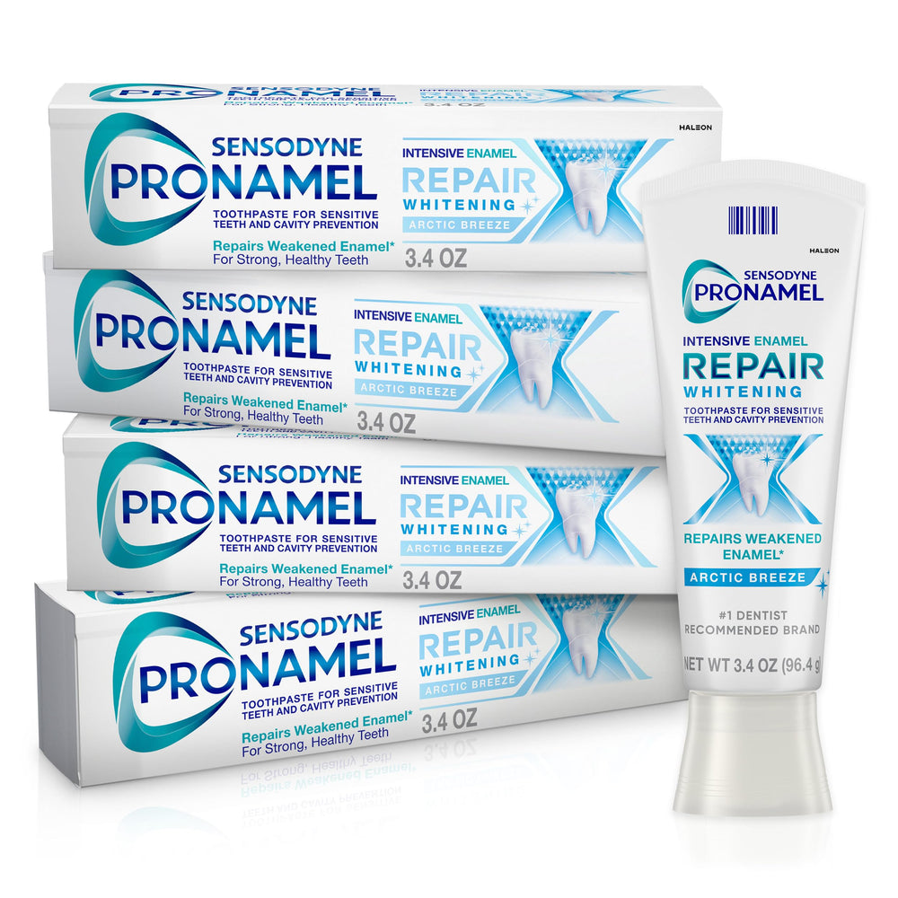 SENSODYNE PRONAMEL frente del pack cuatro tubos, suministro prolongado