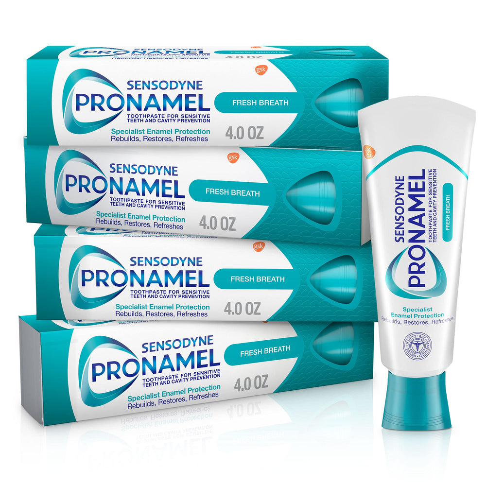 Sensodyne Pronamel paquete frontal mostrando tubos y marca, protección de esmalte