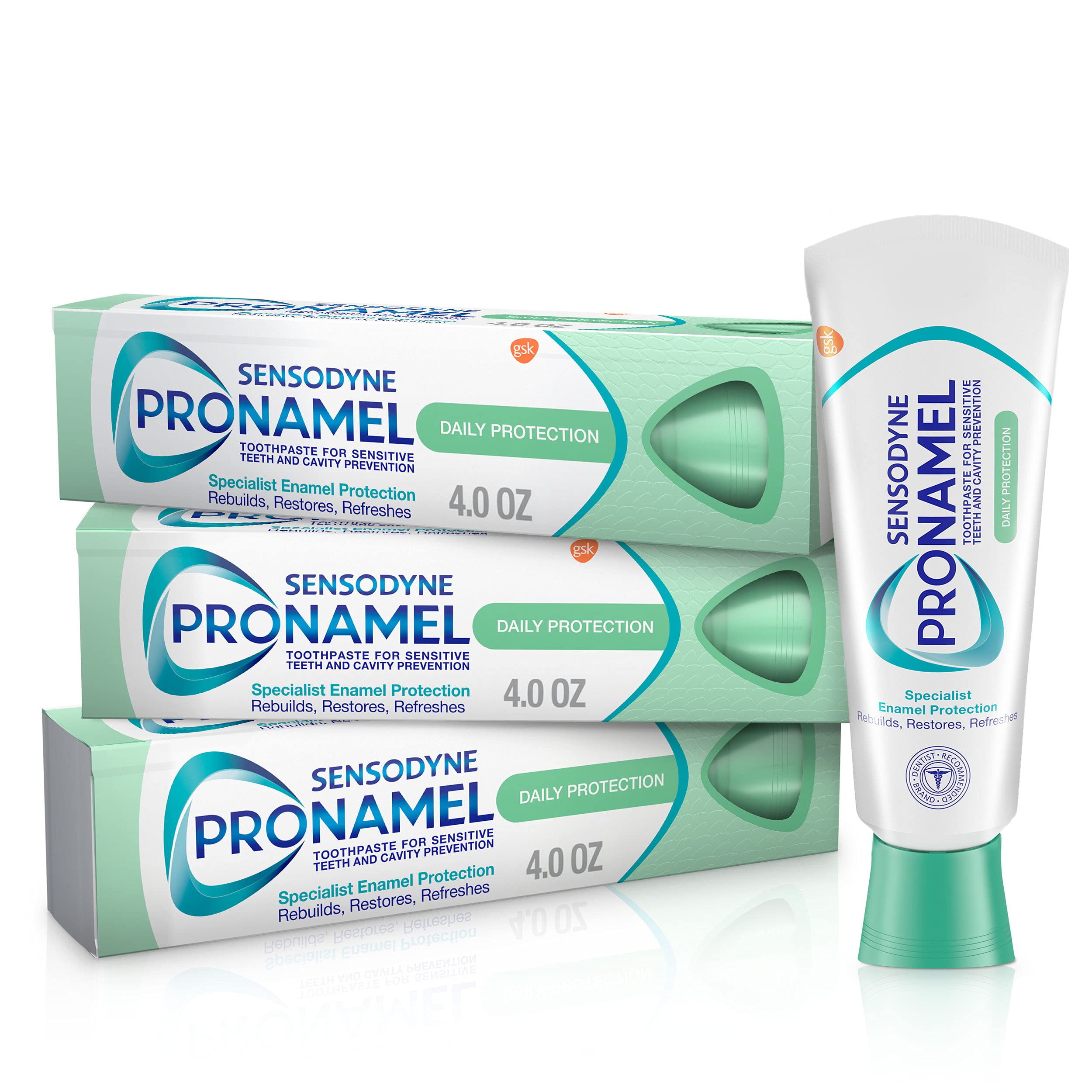 Sensodyne Pronamel frontal pack de tres tubos mostrando presentación y beneficio