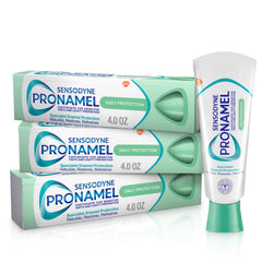 Sensodyne Pronamel frontal pack de tres tubos mostrando presentación y beneficio