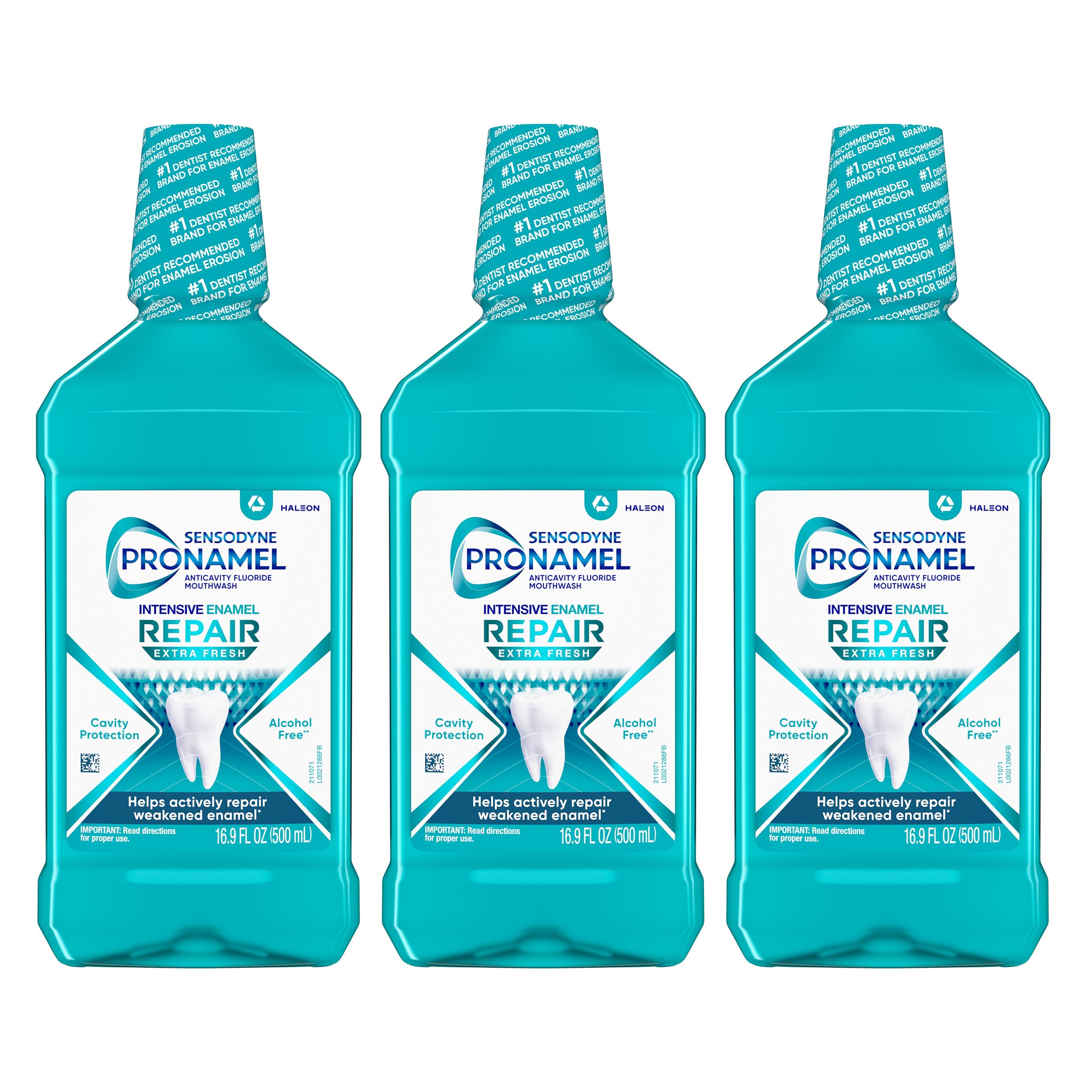 Sensodyne Pronamel pack frontal mostrando las tres botellas y protección del esmalte