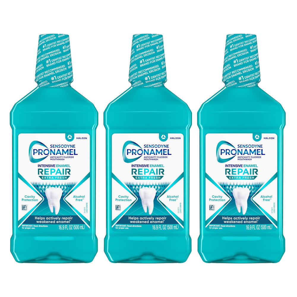 Sensodyne Pronamel pack frontal mostrando las tres botellas y protección del esmalte