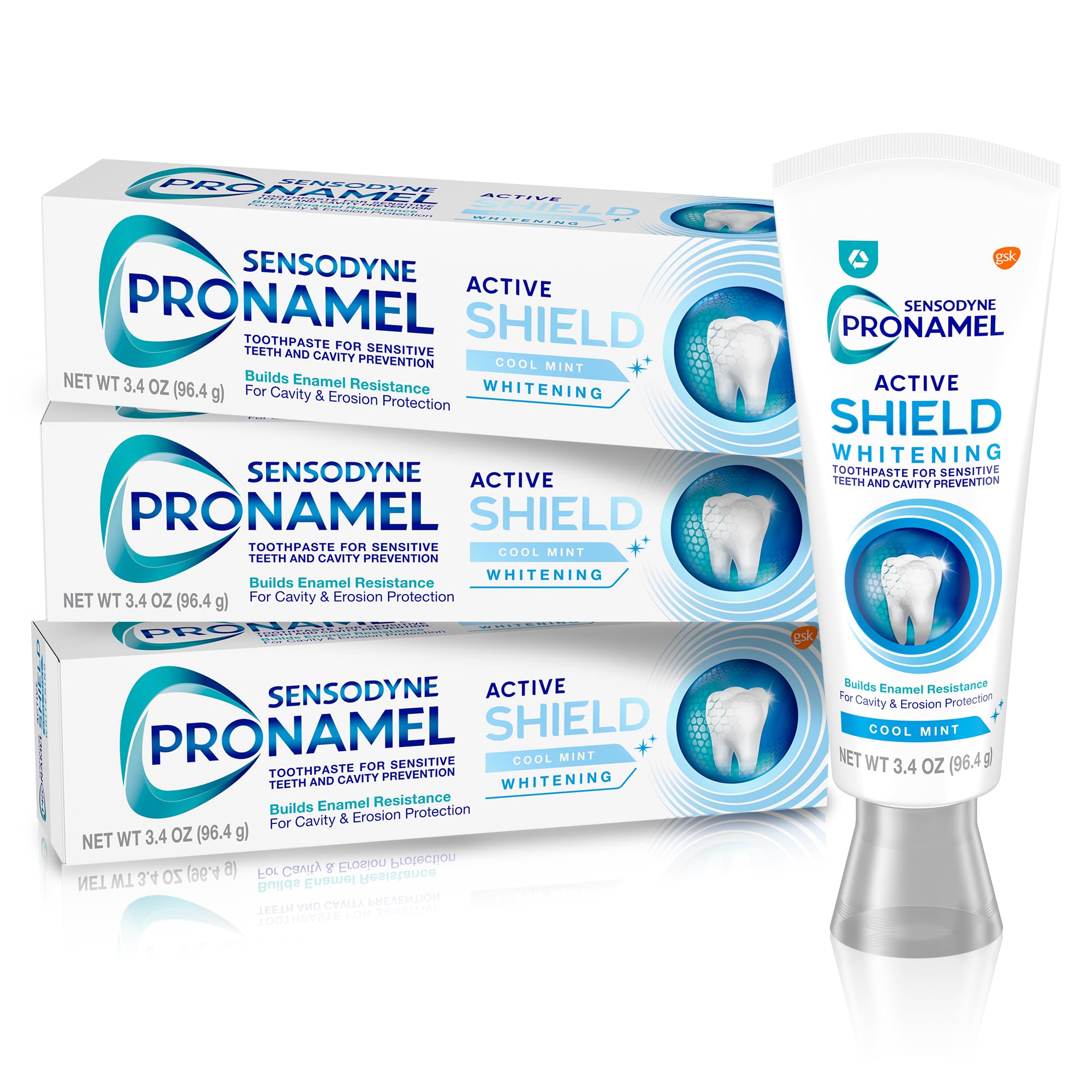 Sensodyne Pronamel frontal del empaque mostrando tres tubos y beneficio de protección