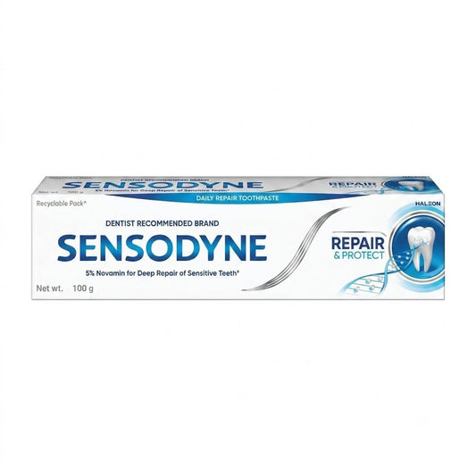 Sensodyne Repair & Protect frontal pack mostrando la caja y tubos, beneficio: protección y cantidad
