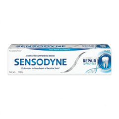 Sensodyne Repair & Protect frontal pack mostrando la caja y tubos, beneficio: protección y cantidad