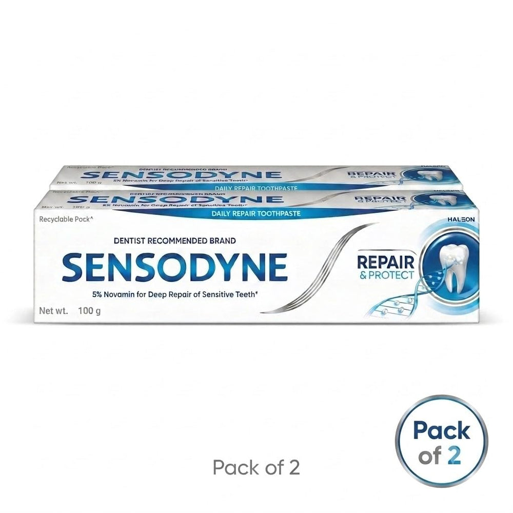 Sensodyne Repair & Protect comparación de tamaño junto a objeto cotidiano, beneficio: volumen 3.4 oz