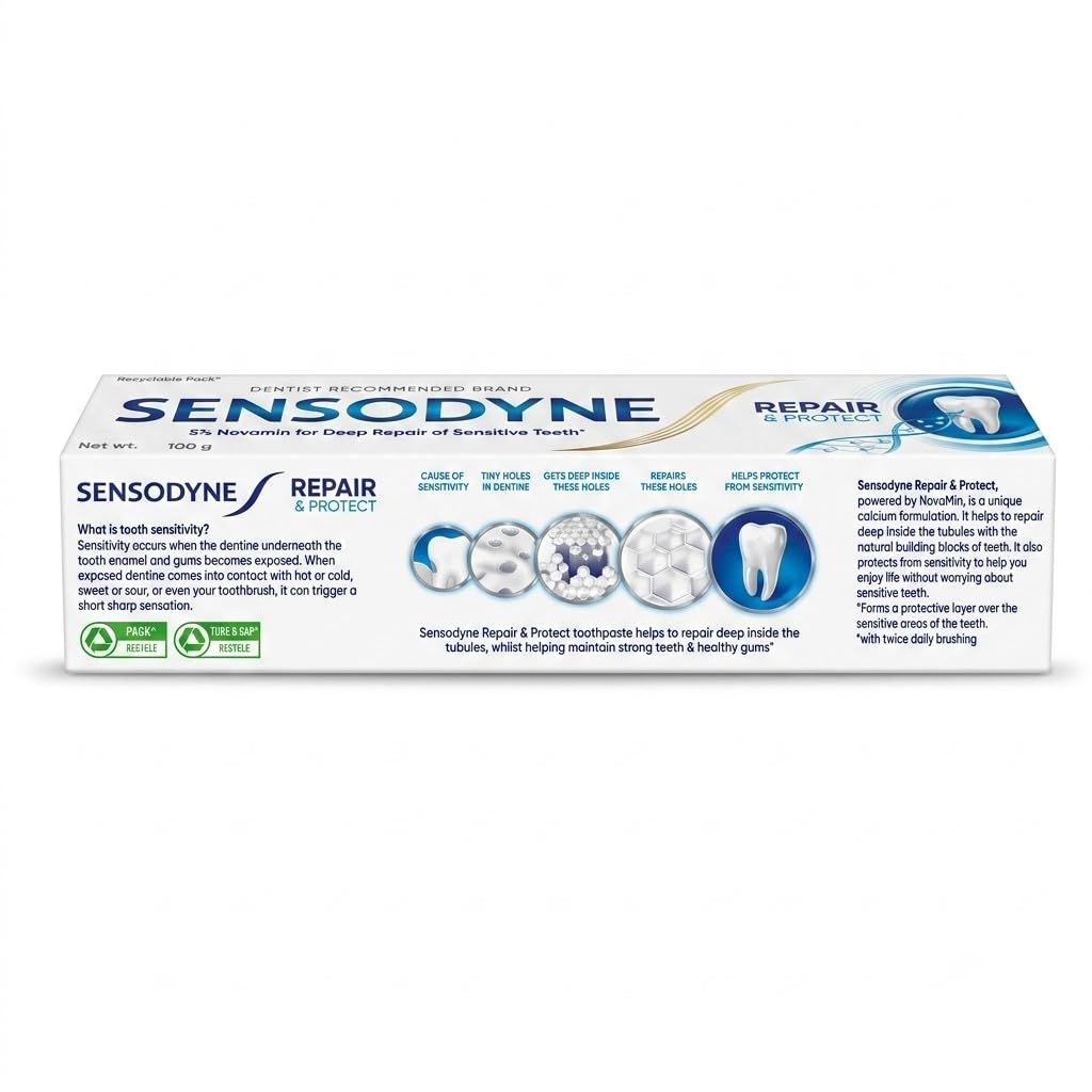 Sensodyne Repair & Protect persona cepillando dientes, beneficio: uso diario para sensibilidad