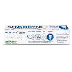 Sensodyne Repair & Protect persona cepillando dientes, beneficio: uso diario para sensibilidad
