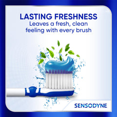 Sensodyne pasta en cepillo demostrando aplicación y alivio