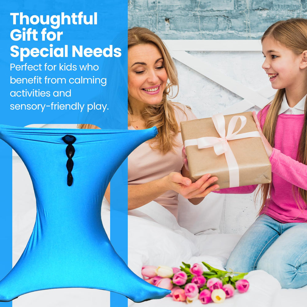 SENSORY4U body sock plegado junto a objeto de escala para almacenamiento fácil