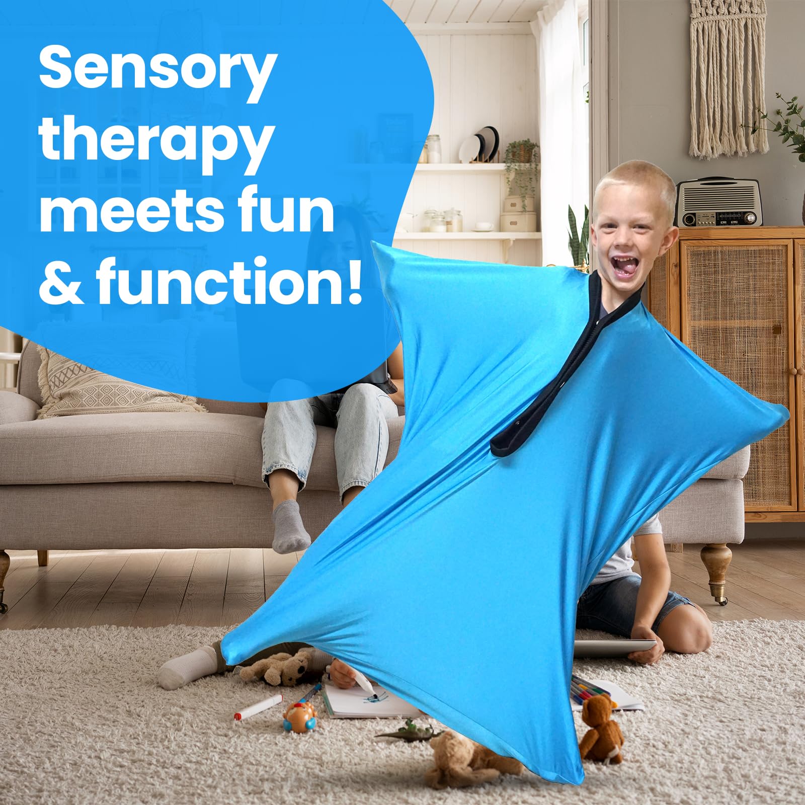 Comparación de escala SENSORY4U Body Sock XL mostrando tamaño XL y rango de uso