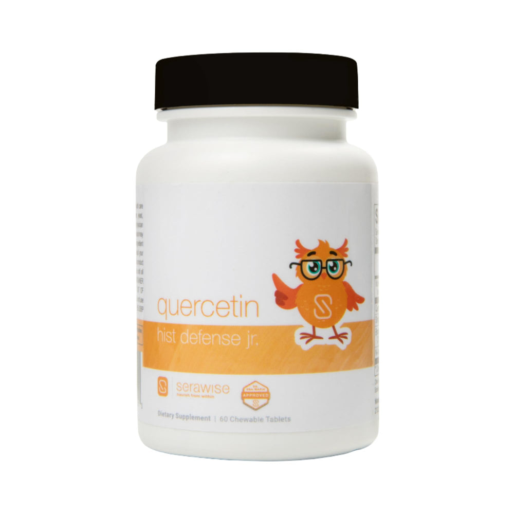 Serawise envase frontal mostrando Quercetin Hist Defense Jr y beneficios naturales