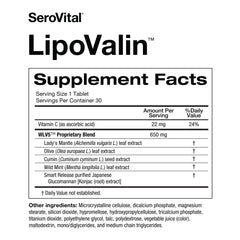 Serovital LipoValin etiqueta mostrando ingredientes clave y respaldo clínico